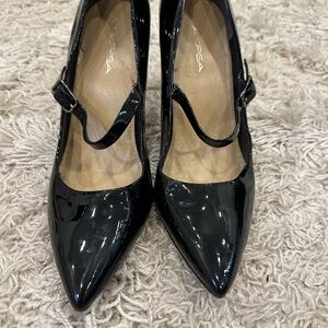 Via Spiga Black Patent Leather Mary Jane Pointed Heels